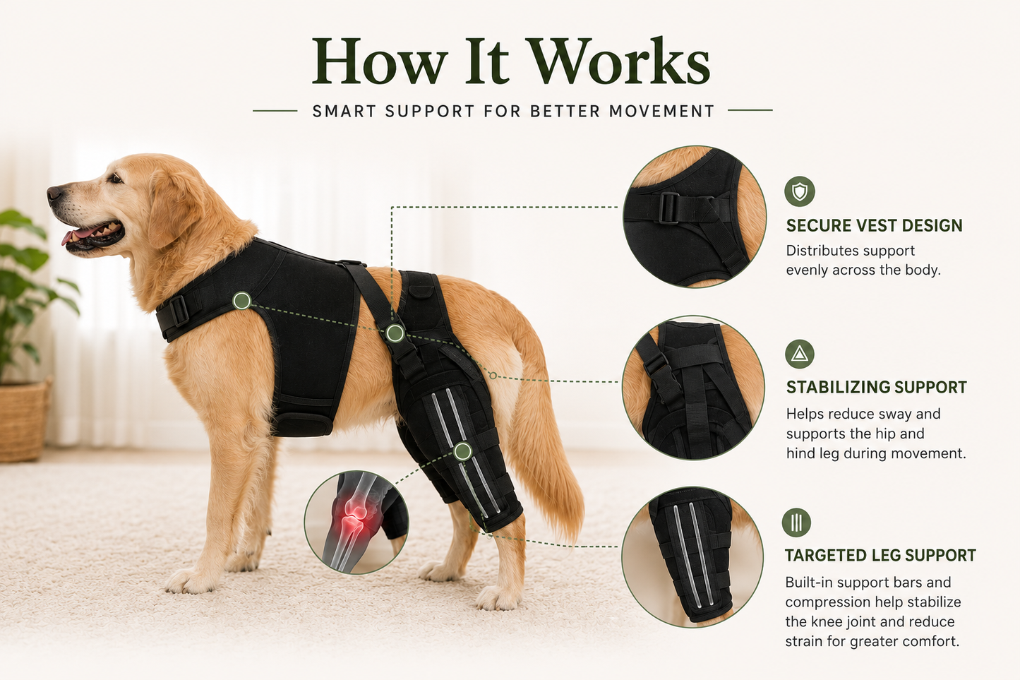 The Steady Leg Lift on a golden retriever showing how the internal metal support rods stabilize the knee joint and dual-leg system