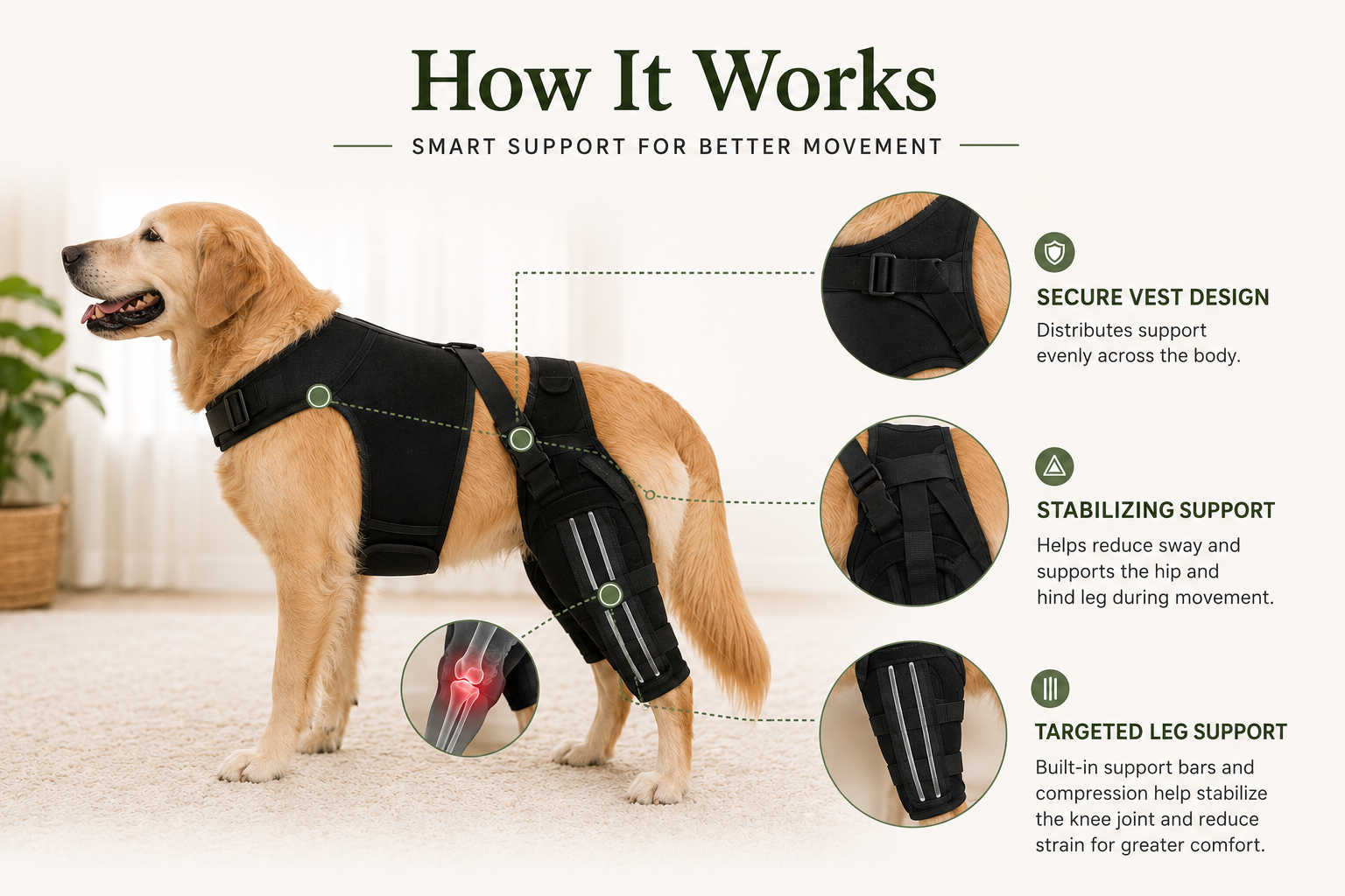 The Steady Leg Lift on a golden retriever showing how the internal metal support rods stabilize the knee joint and dual-leg system