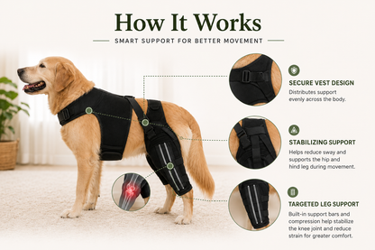The Steady Leg Lift on a golden retriever showing how the internal metal support rods stabilize the knee joint and dual-leg system